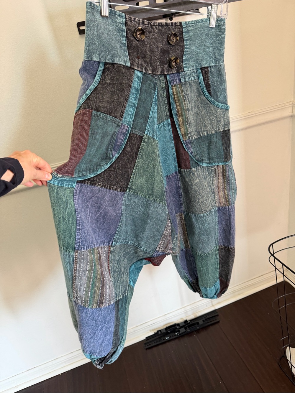 GOA Patchwork Boho Harem Pants in Teal Multi (missing one decorative button) - Picture 4 of 10